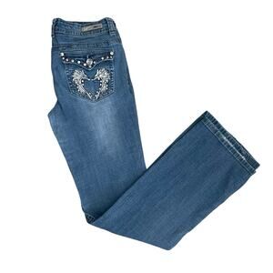 Miss Chic Y2K Rhinestone Heart Wing Bootcut Jeans Size 7 Low Rise Stretch
